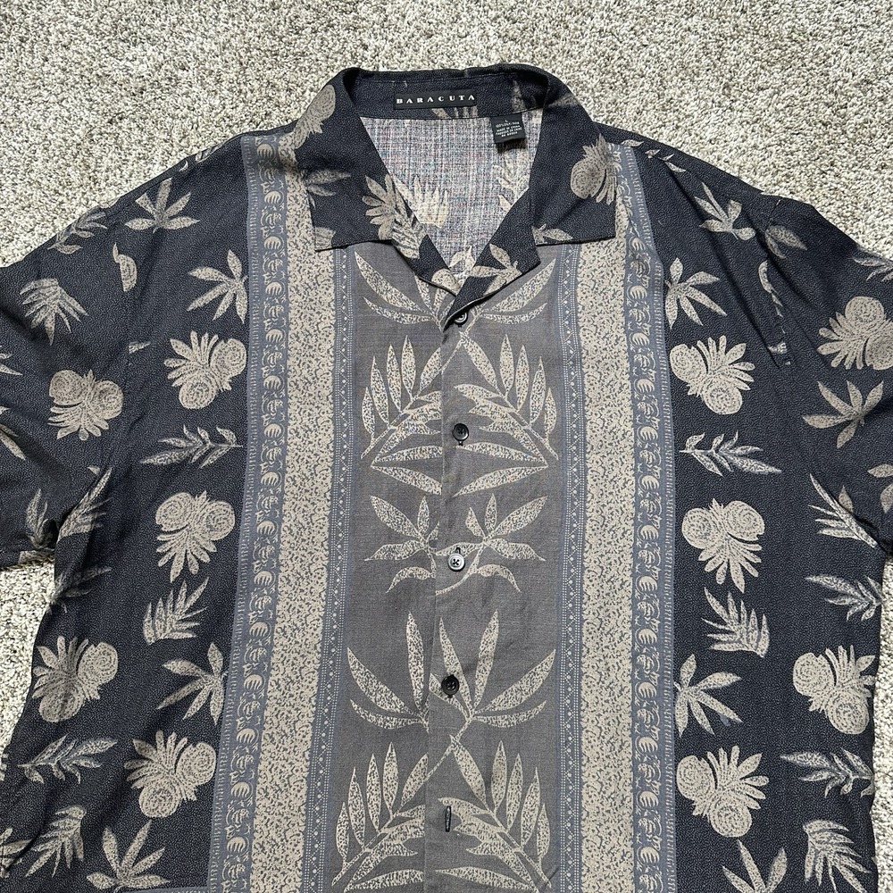 BARACUTA Shirt Men Size L Silk Short Sleeve Black Button Up